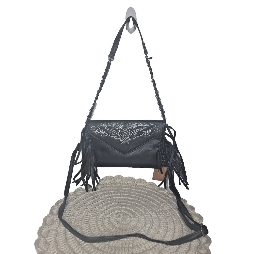 NWD Sam & Hadley Black Embroidered Fringe Western 2 Strap Envelope Bag Boho Fest